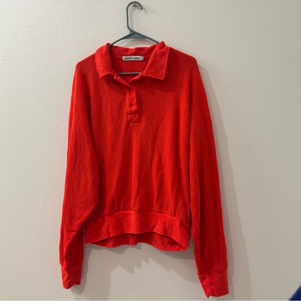 Araminta James Waffle Knit Long Sleeve Polo Top - Red Poppy - Size M